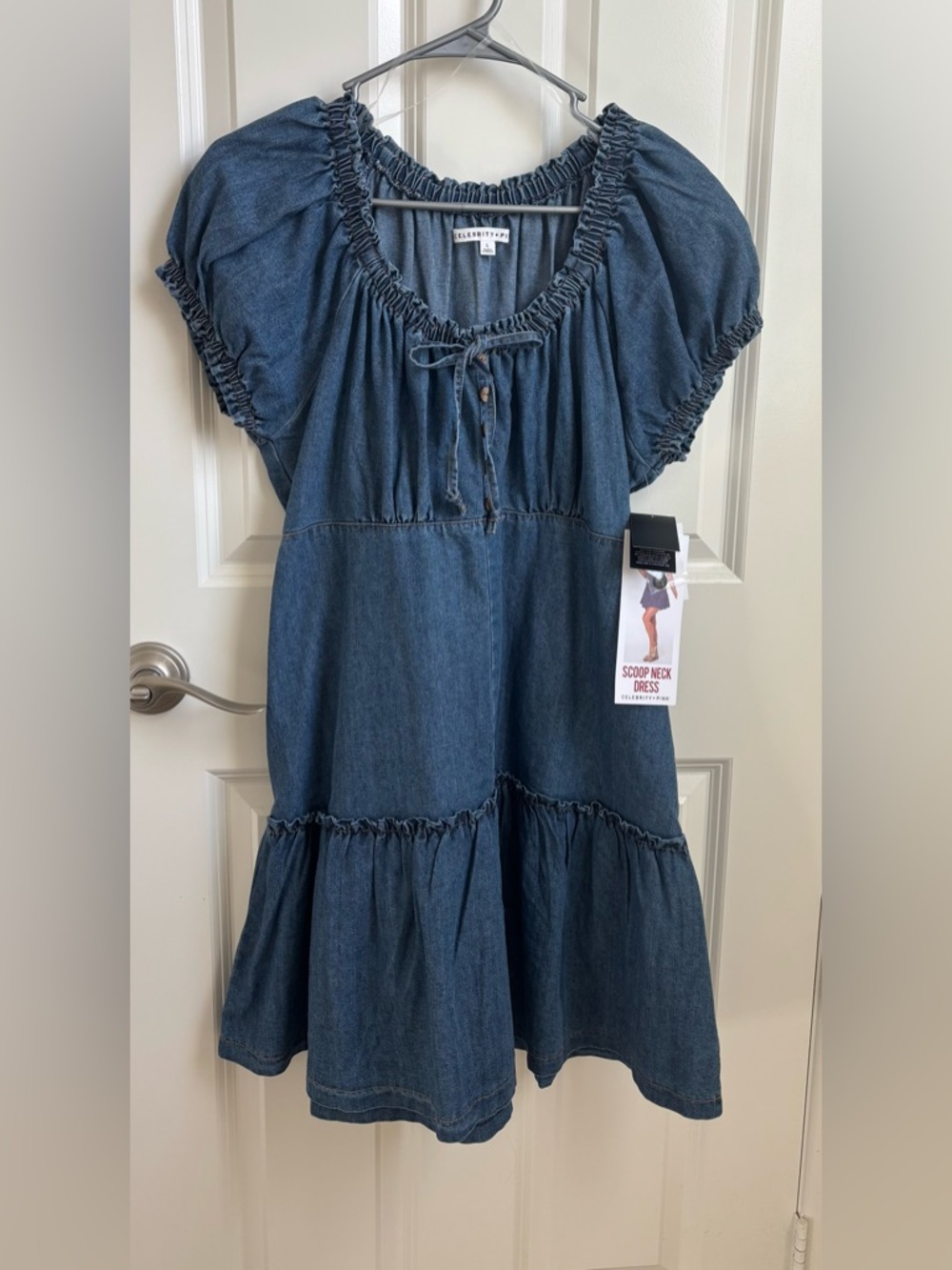 Celebrity Pink Women’s Dark  Blue Denim Tiered Scoop Neck Dress